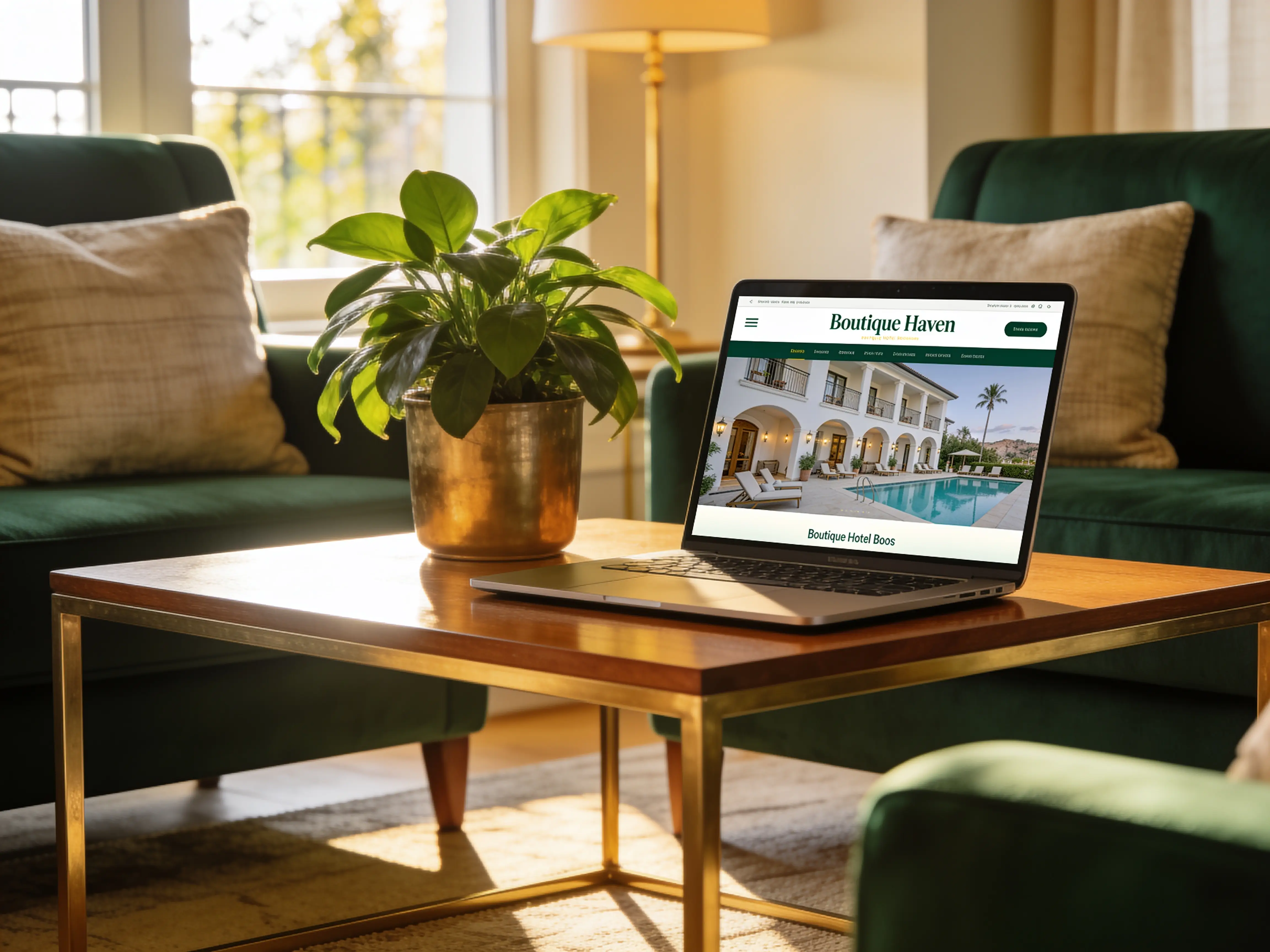 A modern direct-booking website shown on a laptop in a warm interior