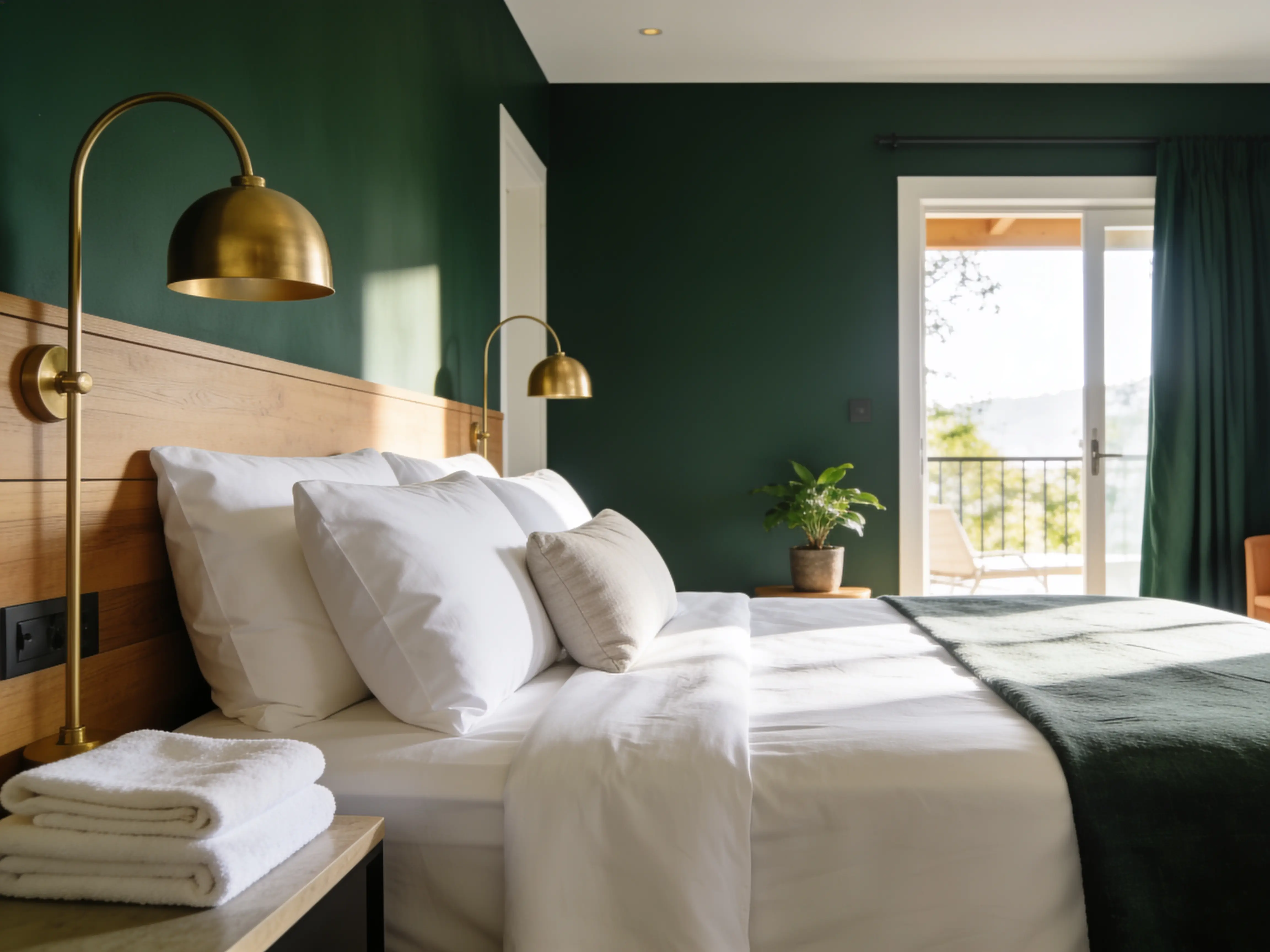A spotless, freshly turned-over bedroom in morning light